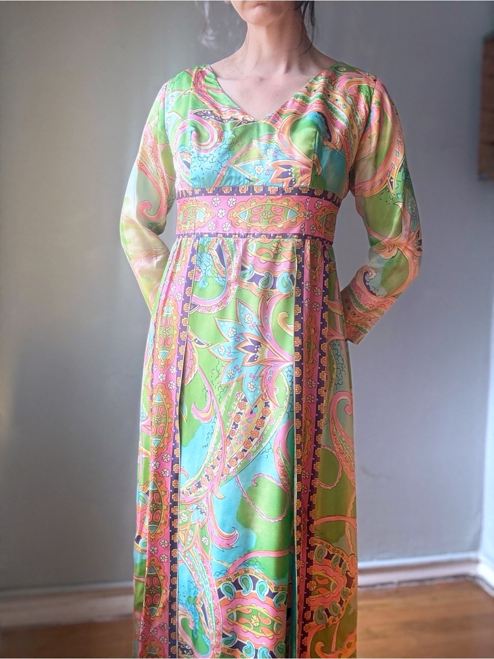 Vintage 60s Psychedelic Maxi Dress | Mod Paisley Empire Waist Gown | Size M - Picture 2 of 12